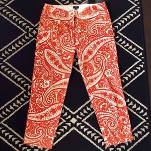 J. Crew Red and White Paisley Cropped Pants